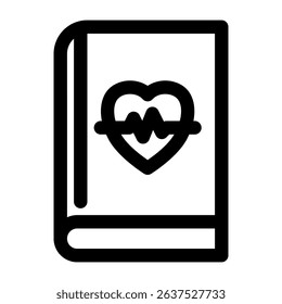 Black line art depicts a closed medical book with heartbeat symbol on the cover for healthcare related designs and documents.