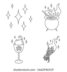 Black line art. Digital draw. Sparkles. Magical witchcraft. Transparent icon, isolated on white background. Vector EPS 10.