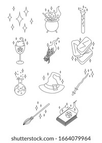 Black line art. Digital draw. Sparkles. Magical witchcraft. Transparent icon, isolated on white background. Vector EPS 10.