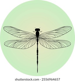 Black line art dragonfly on a green circle background. 