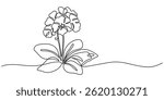 A black line art drawing of an African violet with a stylized flowering plant. An illustration of a Saintpaulia flowering plant on a white background, African violet in continuous line art drawing one
