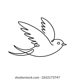 Black line art drawing of a bird in flight on white background flying animal