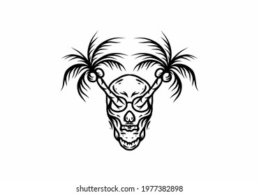 Black line art drawing of skeleton head and coconut tree design
