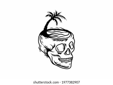 Black line art drawing of skull head and coconut tree design