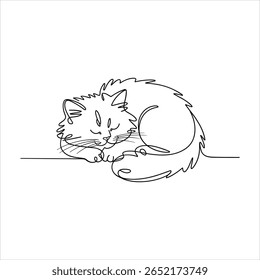 Black Line Art Drawing of a Sleeping Fluffy Cat Curled Up animal