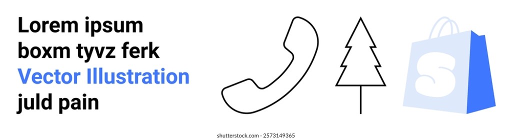 Black line art drawing of a telephone and tree with a blue shopping bag featuring a white letter S. Placeholder text on the left side featuring black and blue colours. Ideal for e-commerce