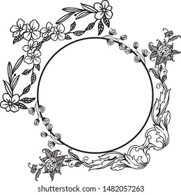 Black line art, elegant frame, with ornate leaf flower. Vector