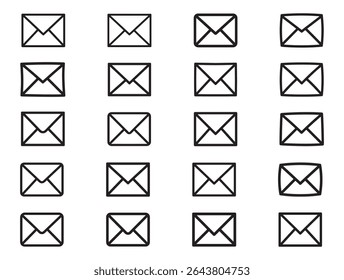 Black Line Art Envelopes for Graphic Design, A grid of simple, black line art envelope icons on a white background, envelope, email, mail, letter, communication, message, icon, graphic, design, vector
