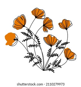Black line art flower California poppy with orange spots. Doodle poppy. wild flowers