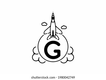 Black line art of G initial letter with flying jet design