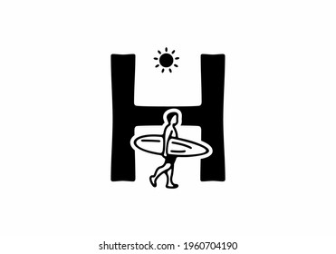 Black line art of H initial letter with surfer shape