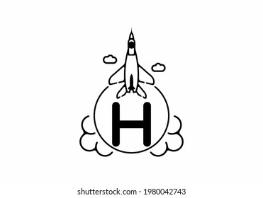 Black line art of H initial letter with flying jet design