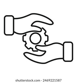Black line art of hands with a cogwheel, symbolizing teamwork and collaboration