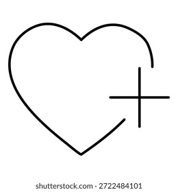 Black line art heart with plus sign on white background for love care and medical concepts with symbol and illustration and graphic and health and black and white