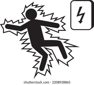 black line art high voltage electrocution person icon on white background