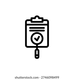 A black line art icon featuring a clipboard holding a document, with a magnifying glass examining it, revealing a checkmark symbol, representing review and approval.