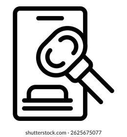 Black line art icon of a magnifying glass inspecting a credit card symbol