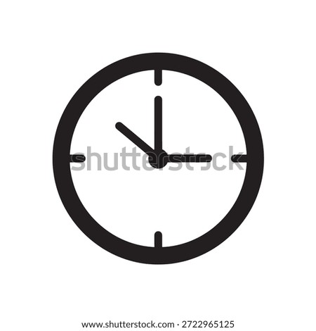 A black line art icon of a round clock face with hour and minute hands and markers.