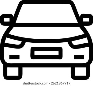 O ícone da arte da linha preta mostra a vista frontal de um carro com faróis e para-choques definidos. Ele é exibido contra um fundo branco sólido.