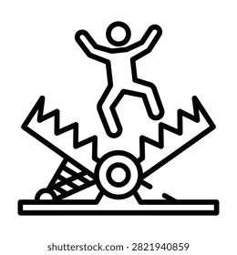 Black line art icon of a stick figure escaping a bear trap. Represents danger, accidents, safety warnings, hazards, traps, and emergency situations on white background.