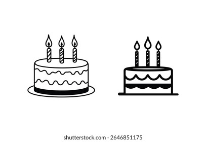 Ícones de arte de linha preta com dois desenhos de bolo diferentes, ambos decorados com velas acesas. A imagem é isolada em um fundo branco.