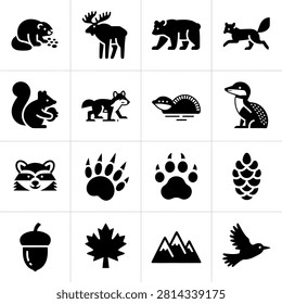 Black Line Art Icons Featuring Forest Animals Wildlife Nature Elements and Symbols for Design Projects