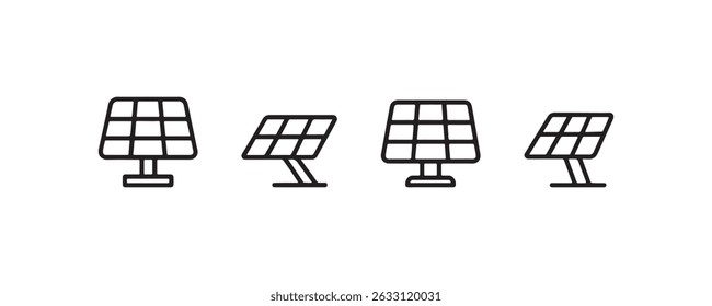 Black line art icons of solar panels in various angles on white background.