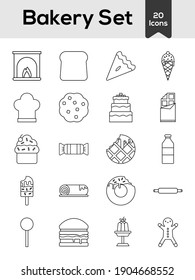 Black Line Art Illustration Of Bakery Icon Set On White Background.