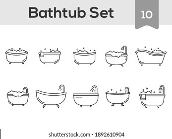 Black Line Art Illustration Of Bathtub Icon Set On White Background.