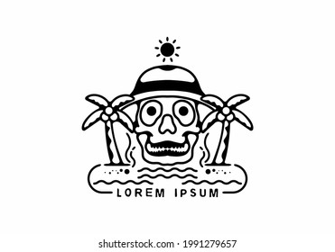 Black line art illustration of beach and skeleton design