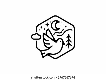 Black line art illustration of bird in hexagon shape design