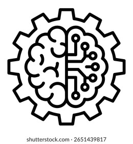 Black line art illustration of a brain integrated with a circuit board inside a gear cogwheel on a white background.