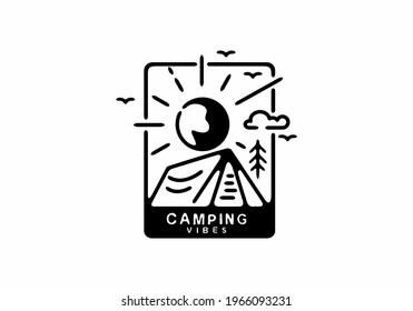 Black line art illustration of camping badge in unique rectangle shape design