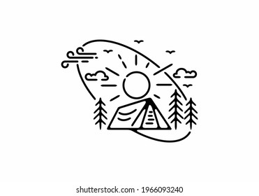 Black line art illustration of camping badge in tilted oval shape design