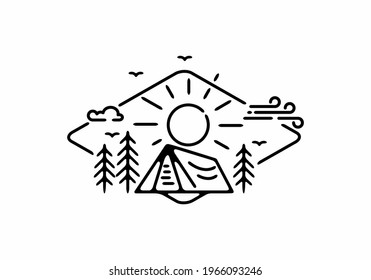 Black line art illustration of camping badge in unique diamond shape design