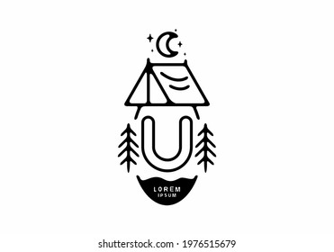 Black line art illustration of camping tent badge with U letter design