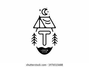 Black line art illustration of camping tent badge with T letter design