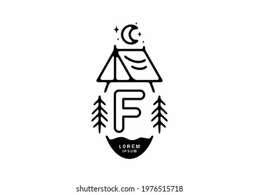 Black line art illustration of camping tent badge with F letter design