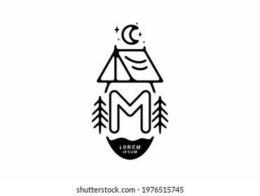 Black line art illustration of camping tent badge with M letter design