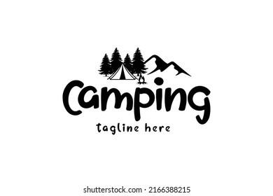 Black line art illustration of camping tent and mountain