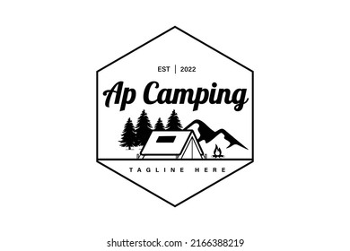 Black line art illustration of camping tent and mountain