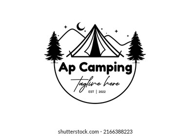 Black line art illustration of camping tent and mountain