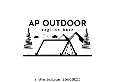 Black line art illustration of camping tent and mountain