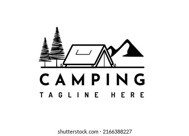 Black line art illustration of camping tent and mountain