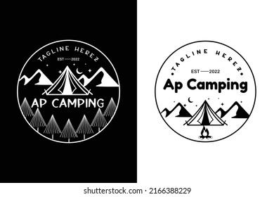 Black line art illustration of camping tent and mountain