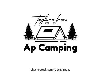 Black line art illustration of camping tent and mountain