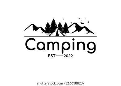 Black line art illustration of camping tent and mountain