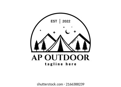 Black line art illustration of camping tent and mountain