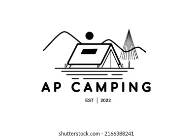 Black line art illustration of camping tent and mountain