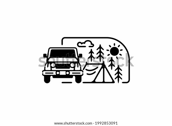 Black line\
art illustration of camping car\
design